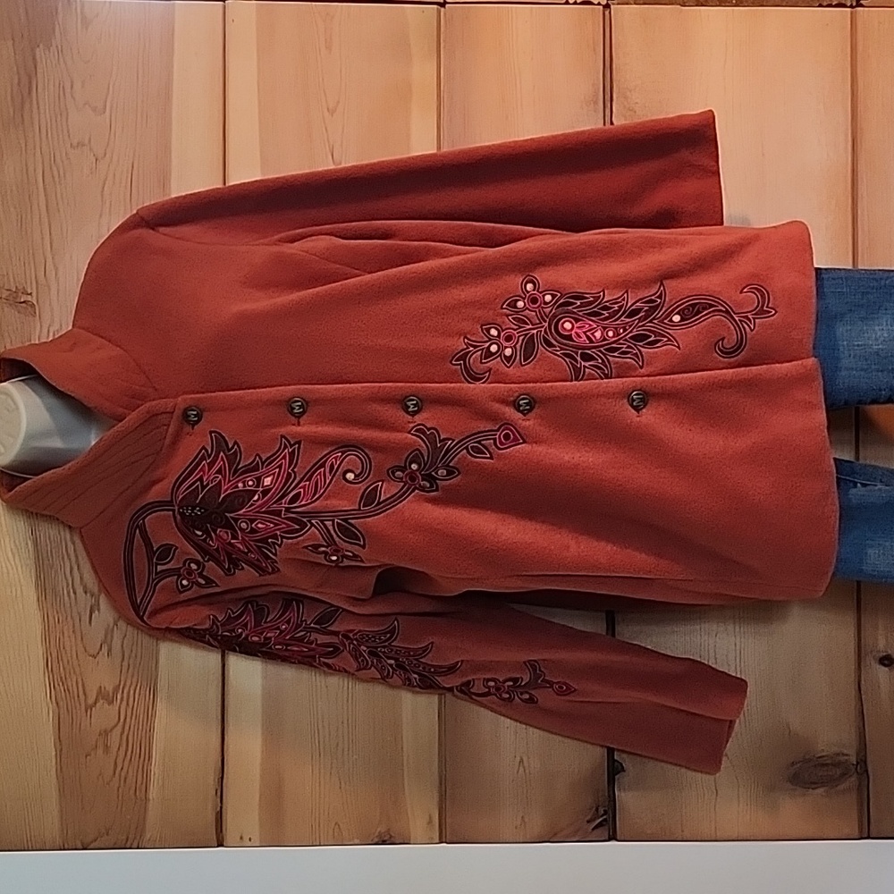 Vintage Bob Mackie Orange Fleece Embroidered Jacket, Size L. Wearable Art!